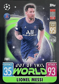 Sberatelske fotbalove karty Match Attax Extra Shiny karty Out of This World Lionel Messi